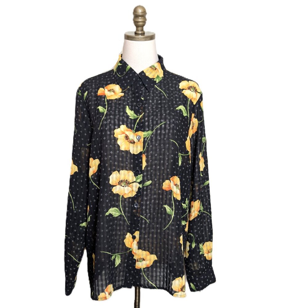 Alfred Dunner Vintage Black Floral Sheer Blouse Size 16 Plus Yellow Poppies